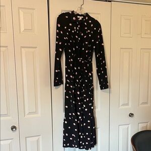 Topshop Black Maxi Dress with Pink Polka Dot Print and Tie Waist